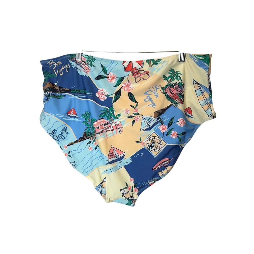 Old Navy Bon Voyage Tropical Postcard High Waisted Bikini Bottoms Blue Yellow 3X - Picture 2 of 5